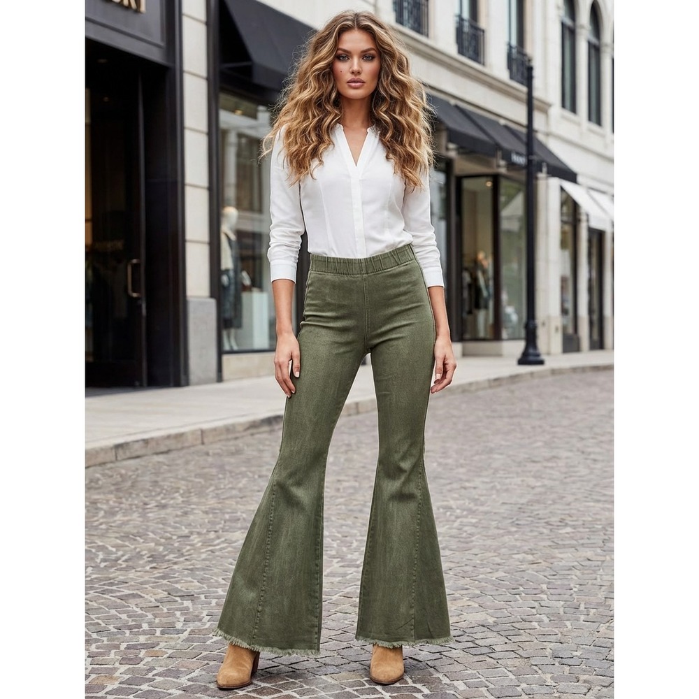 Newbury Kustom Flare Jeans Womens M Green Boho Festival Hippie 70s Western Indie
